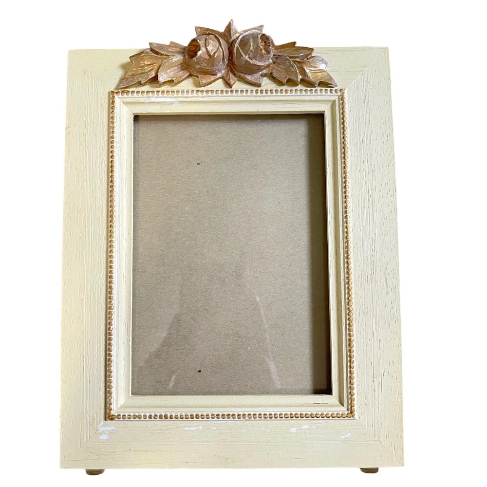 VTG 90s Photo Picture Frame 5x7 Yellow Gold Rose cottage Whimsical boho ornate